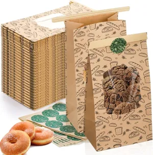 Pumtus 100 Pack Bakery Bags with Window, 3.54x2.36x7 IN Small Kraft Paper Bag with Stickers, Tin Tie Tab Lock Brown Cookie Bags, Grease Proof Snack Gift Bag for Treat Popcorn Coffee Bean Sandwich