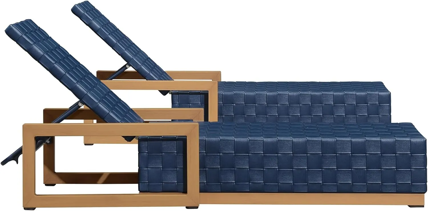 PURPLE LEAF Patio Chaise Lounge Chair Set of 2, PU Leather Outdoor Chaise Lounger Aluminum Pool Lounge Chairs with 5-Position Adjustable Backrest for Pool, Deck, Garden, Sunbathing, Navy Blue