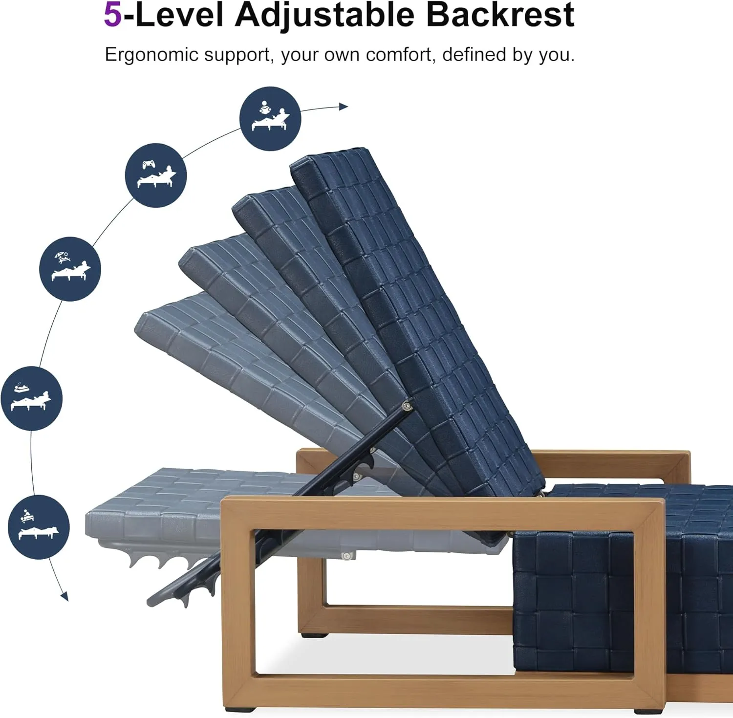 PURPLE LEAF Patio Chaise Lounge Chair Set of 2, PU Leather Outdoor Chaise Lounger Aluminum Pool Lounge Chairs with 5-Position Adjustable Backrest for Pool, Deck, Garden, Sunbathing, Navy Blue