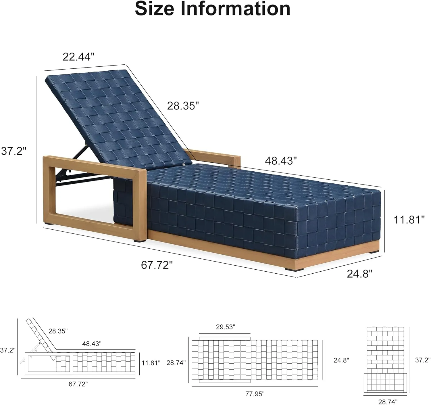 PURPLE LEAF Patio Chaise Lounge Chair Set of 2, PU Leather Outdoor Chaise Lounger Aluminum Pool Lounge Chairs with 5-Position Adjustable Backrest for Pool, Deck, Garden, Sunbathing, Navy Blue