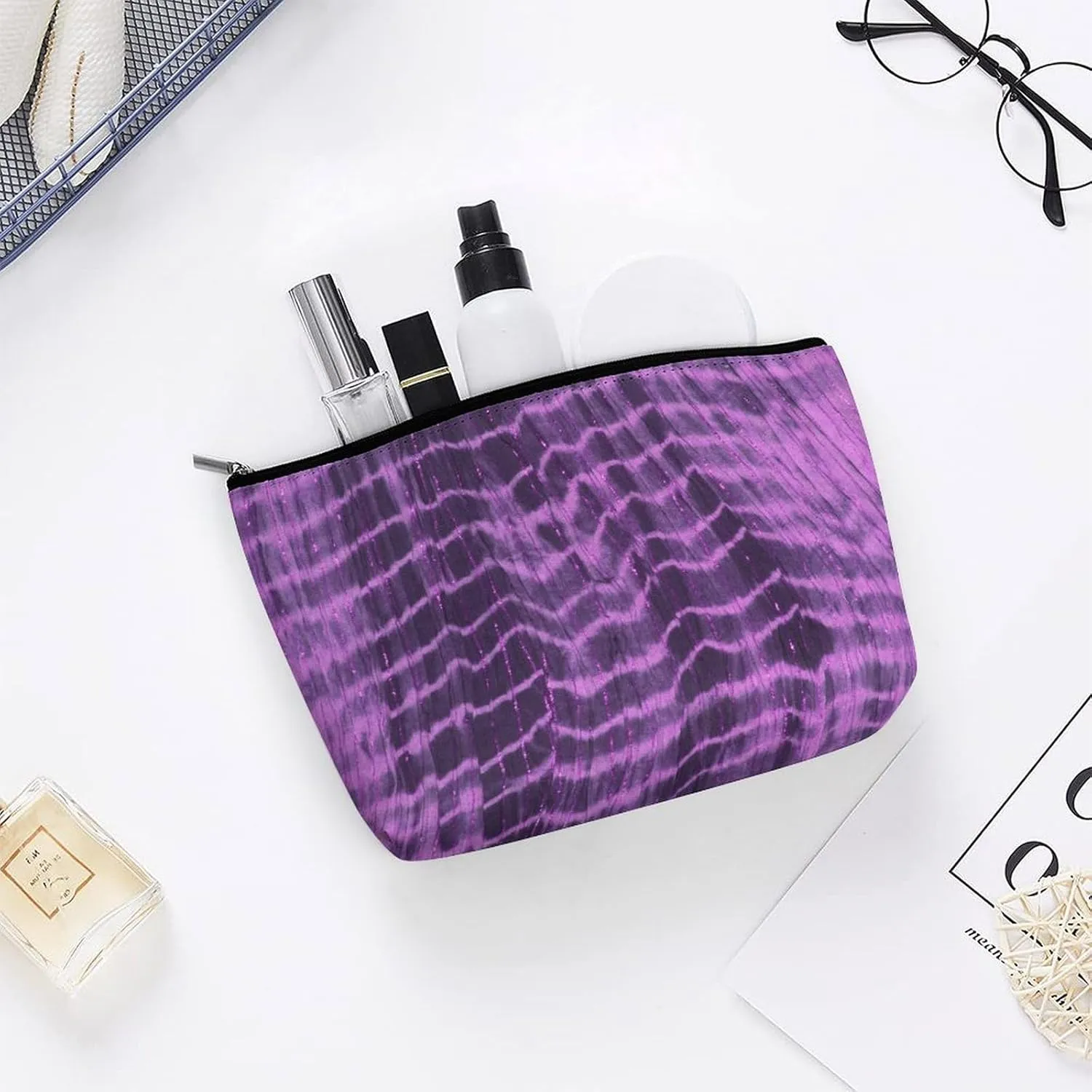 Purple Small Makeup Bag,cosmetic bag for Women, Tie Dye Stripe Travel Makeup Organizer for Daily Use,Make Up Pouch,Toiletry Bags for Traveling Women