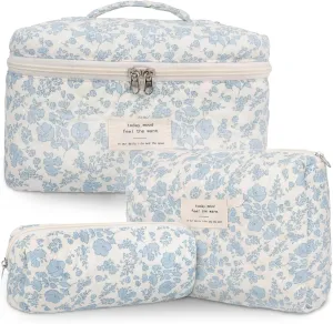 Quilted Cotton Makeup Bags, 3 PCS Large Capacity Toiletries Traveling Bags, Aesthetic Cosmetic Organizer Bag, Cute Flower Toiletry Bag for Women for Toiletries Accessories Brushes Cute Stuffs