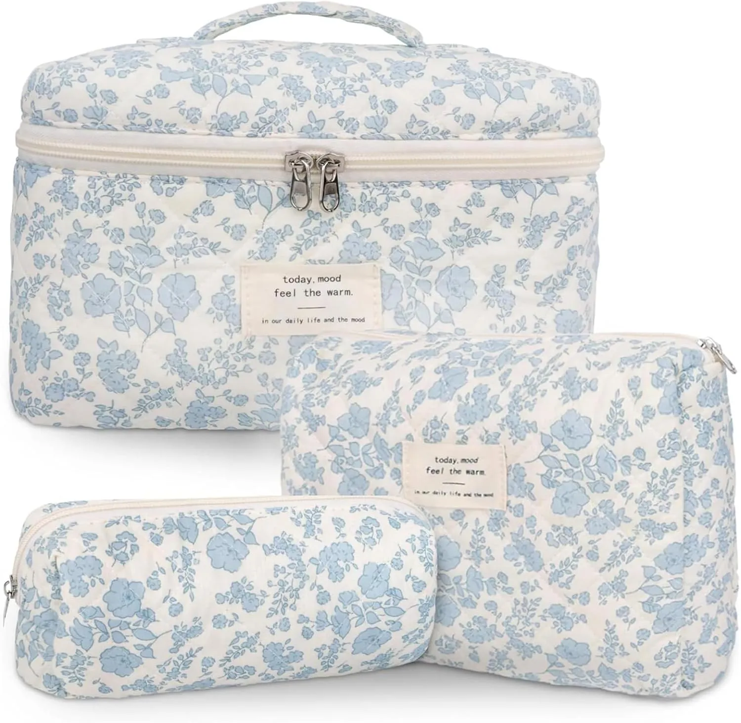 Quilted Cotton Makeup Bags, 3 PCS Large Capacity Toiletries Traveling Bags, Aesthetic Cosmetic Organizer Bag, Cute Flower Toiletry Bag for Women for Toiletries Accessories Brushes Cute Stuffs