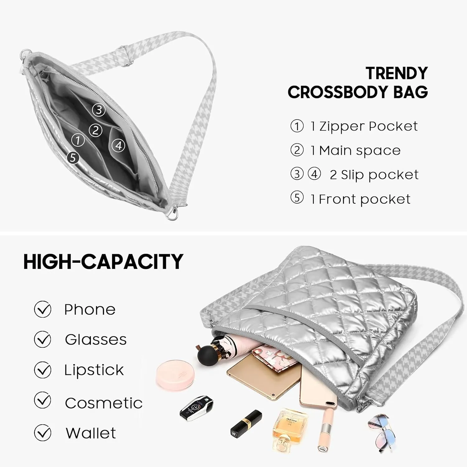 Quilted Crossbody Bags for Women, Unique Pattern Strap Quilted Bag, Crossbody Purses for Women, Quilted Puffer Bag for Women