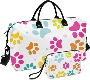 Quilted Gym Duffel Bag Animal Pattern Of Color Paw Footprints Overnight Weekender Bags Set for Travel