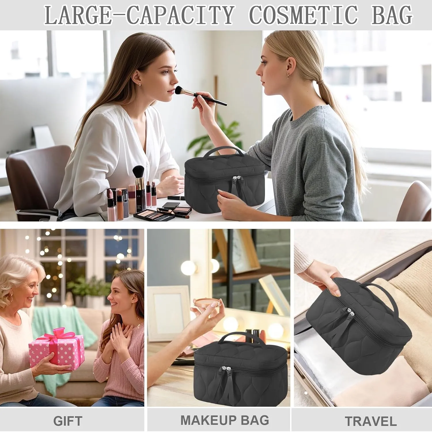 Quilted Makeup Bag Set Coquette Cosmetic Bag Toiletry Travel Organizer, Small Medium Large, Cute Portable Puffy for Women Girls, Black