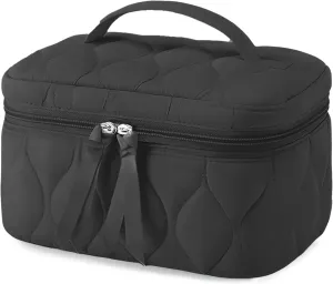 Quilted Makeup Bag Set Coquette Cosmetic Bag Toiletry Travel Organizer, Small Medium Large, Cute Portable Puffy for Women Girls, Black