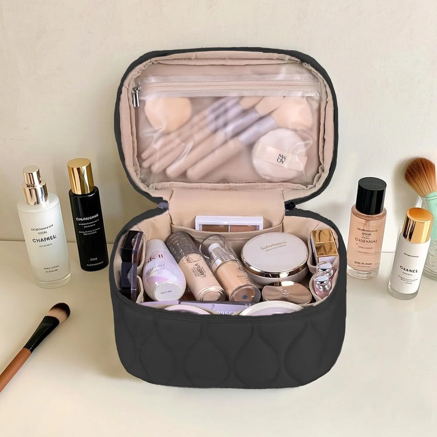 Quilted Makeup Bag Set Coquette Cosmetic Bag Toiletry Travel Organizer, Small Medium Large, Cute Portable Puffy for Women Girls, Black