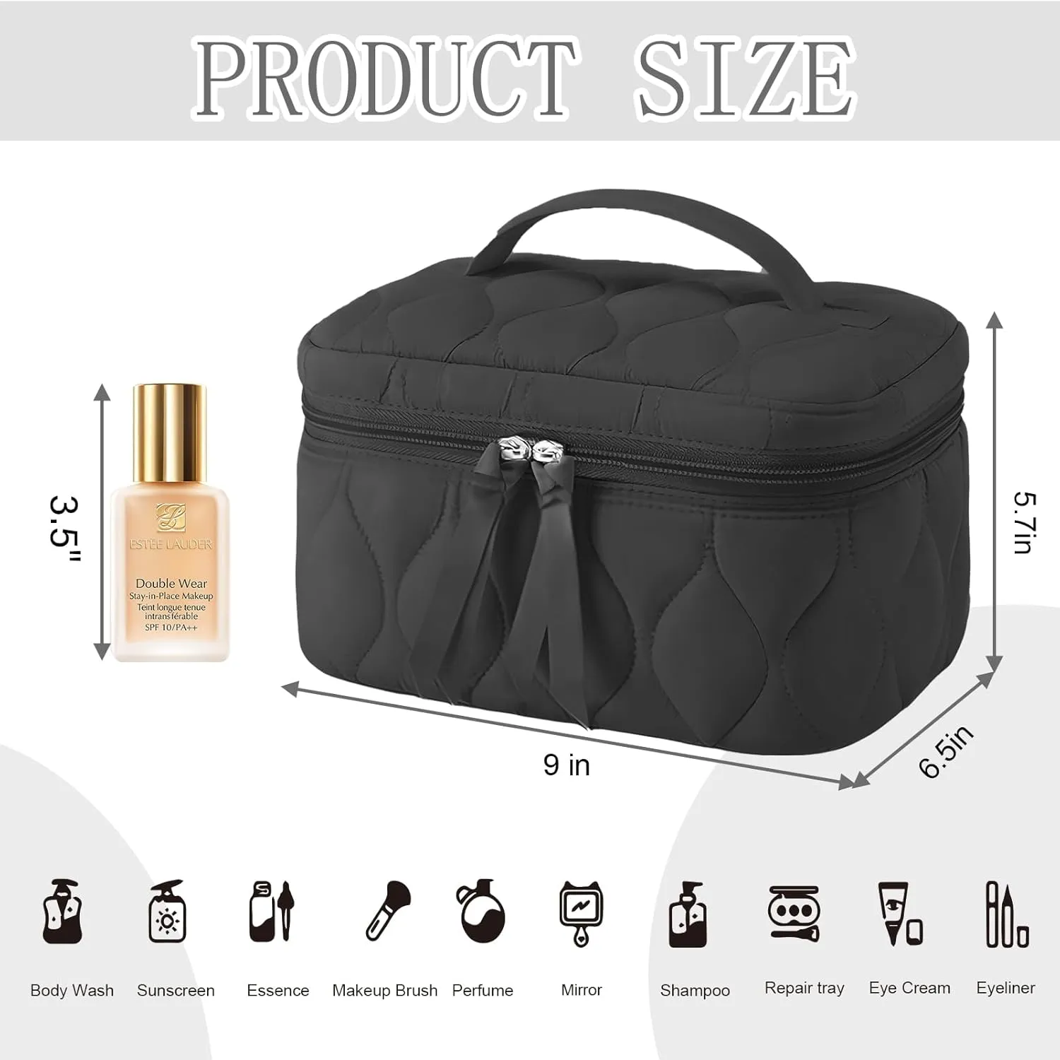 Quilted Makeup Bag Set Coquette Cosmetic Bag Toiletry Travel Organizer, Small Medium Large, Cute Portable Puffy for Women Girls, Black