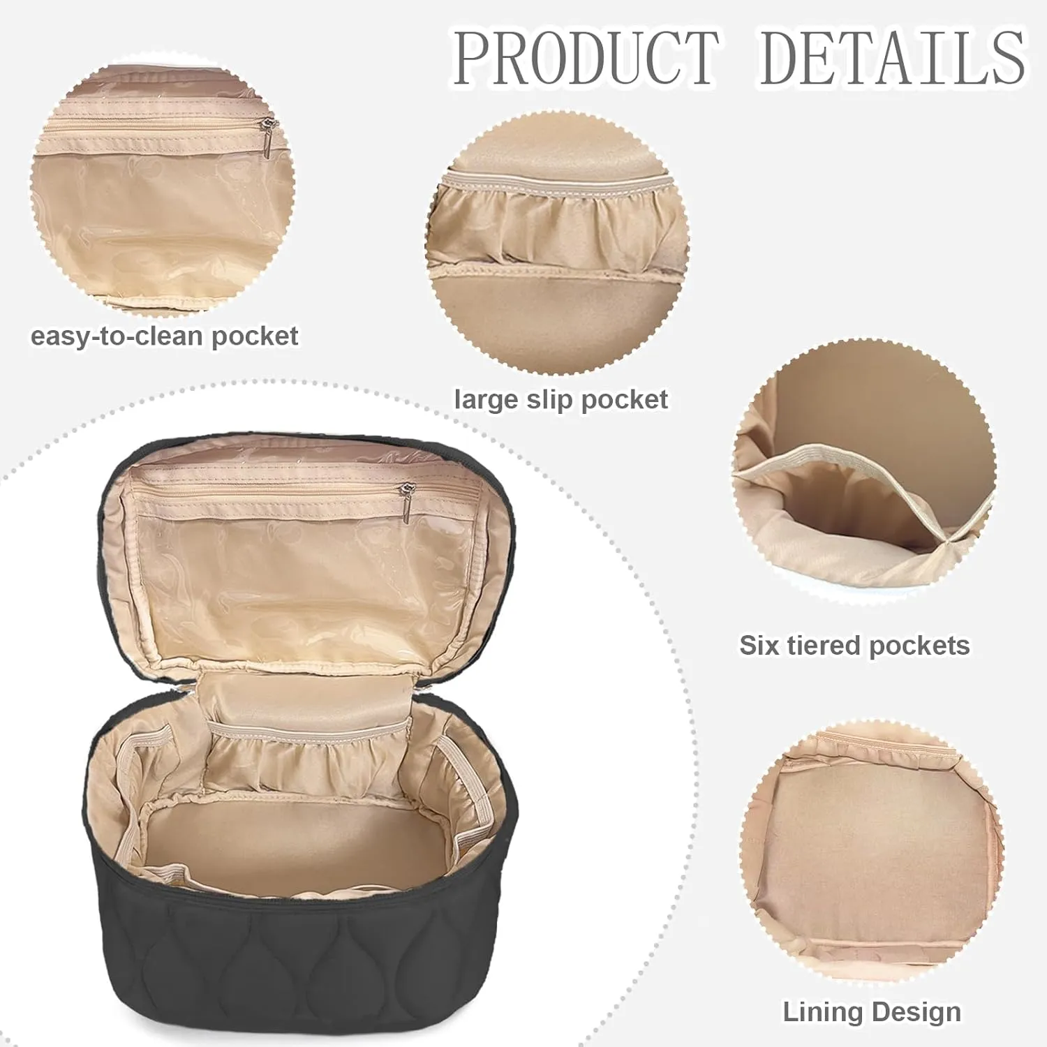 Quilted Makeup Bag Set Coquette Cosmetic Bag Toiletry Travel Organizer, Small Medium Large, Cute Portable Puffy for Women Girls, Black