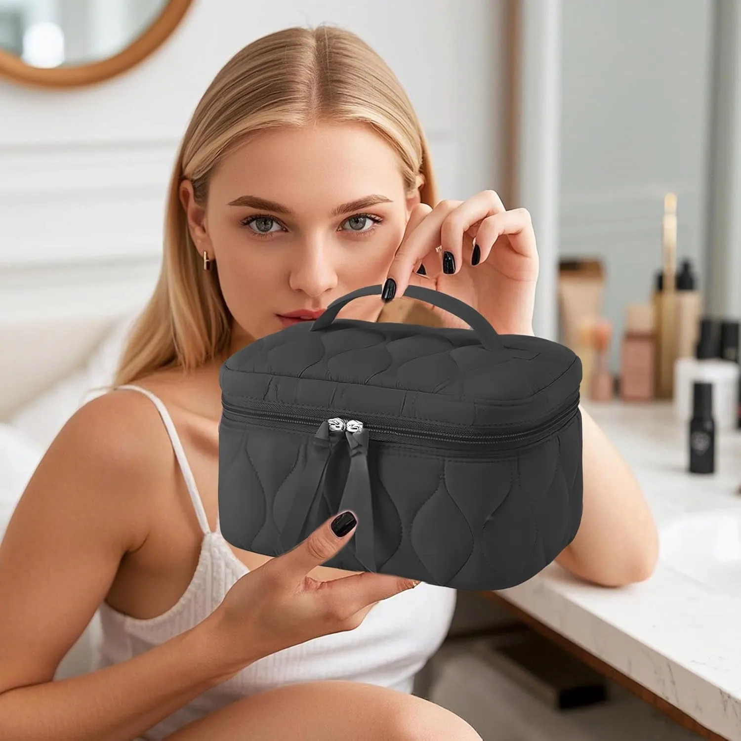 Quilted Makeup Bag Set Coquette Cosmetic Bag Toiletry Travel Organizer, Small Medium Large, Cute Portable Puffy for Women Girls, Black