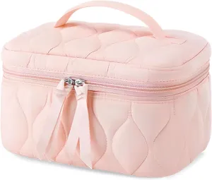 Quilted Makeup Bag Set Coquette Cosmetic Bag Toiletry Travel Organizer, Small Medium Large, Cute Portable Puffy for Women Girls, Pink