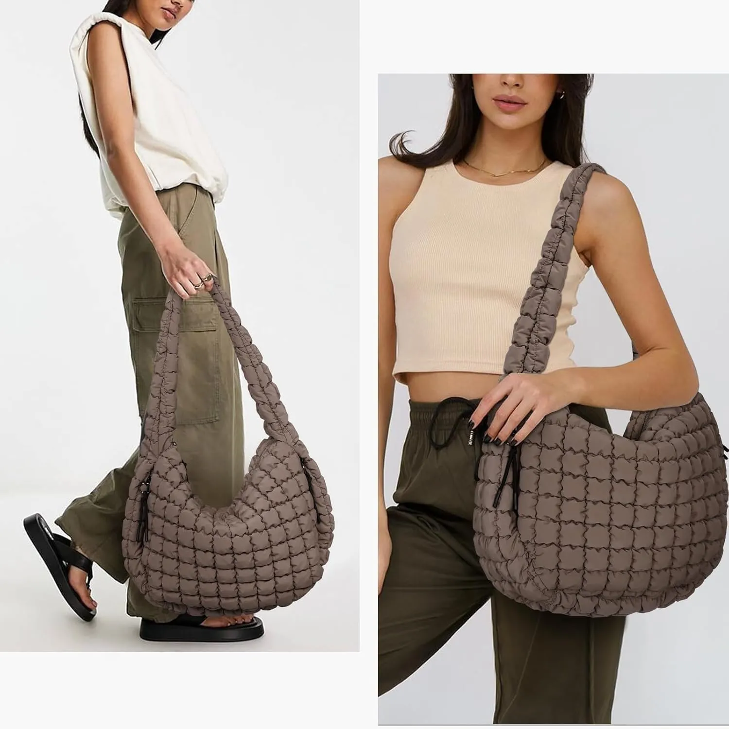 Quilted Puffer Crossbody Bag Lightweight Nylon Puffer Tote Bag Puffy Shoulder Bag Carryall Hobo Bags for Women