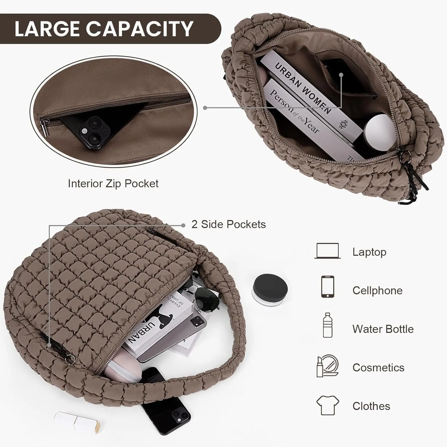 Quilted Puffer Crossbody Bag Lightweight Nylon Puffer Tote Bag Puffy Shoulder Bag Carryall Hobo Bags for Women