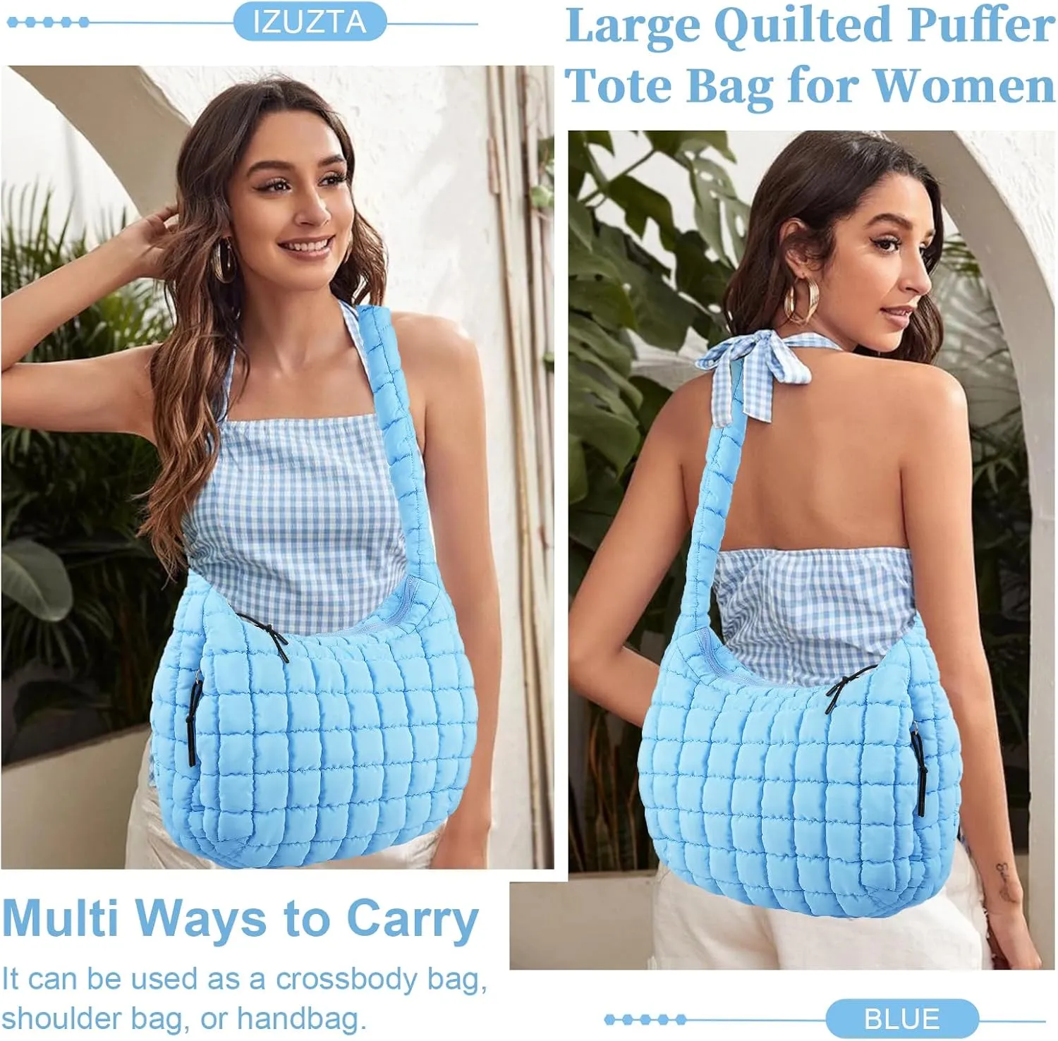 Quilted Puffer Tote Bag for Women - Large Crossbody Bag, Lightweight Nylon Puffy Carryall Hobo Puff Shoulder Bag