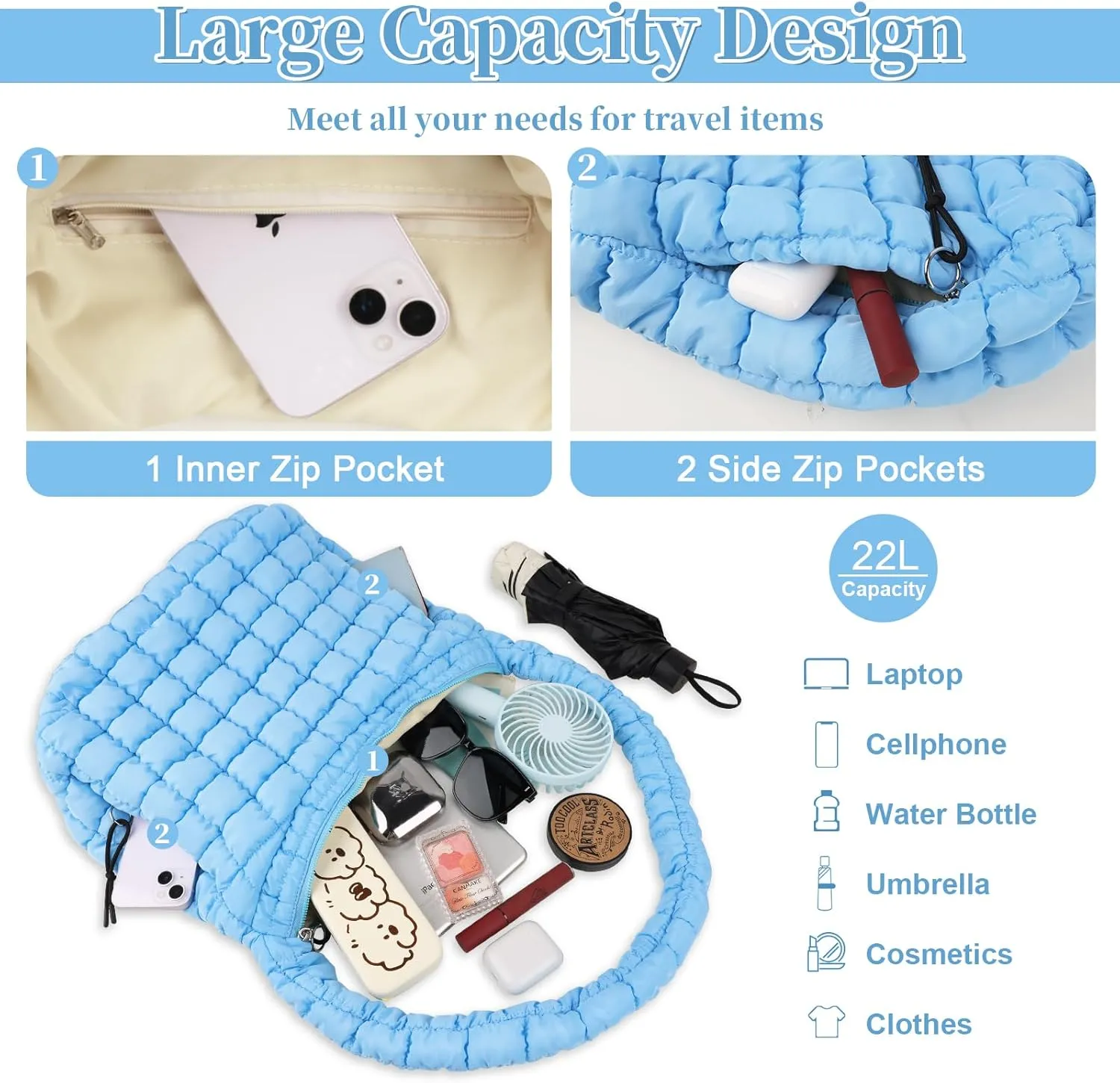 Quilted Puffer Tote Bag for Women - Large Crossbody Bag, Lightweight Nylon Puffy Carryall Hobo Puff Shoulder Bag