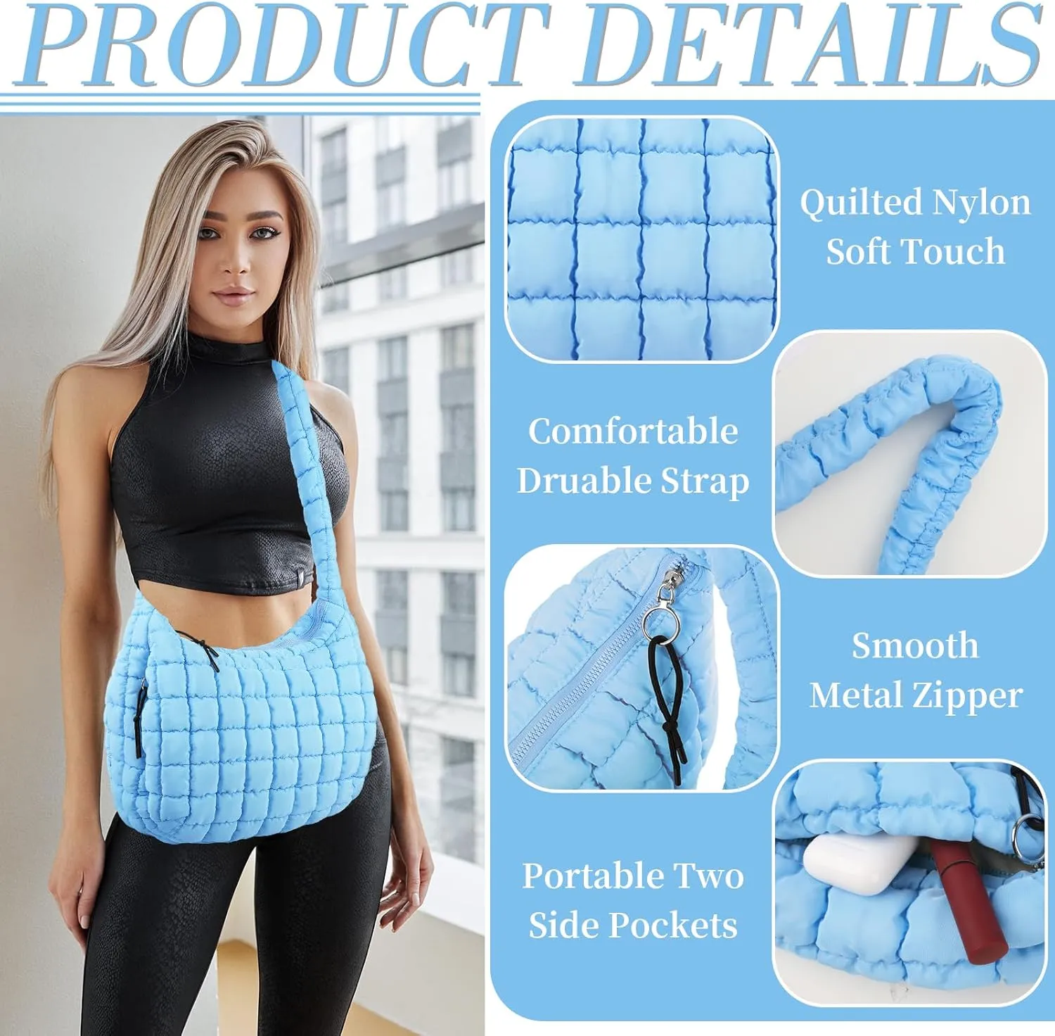 Quilted Puffer Tote Bag for Women - Large Crossbody Bag, Lightweight Nylon Puffy Carryall Hobo Puff Shoulder Bag