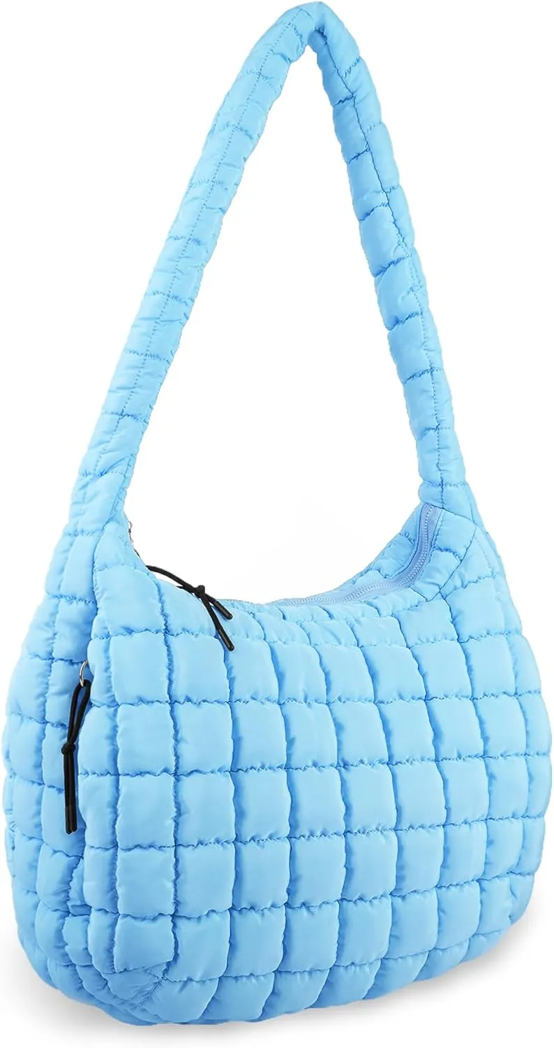 Quilted Puffer Tote Bag for Women - Large Crossbody Bag, Lightweight Nylon Puffy Carryall Hobo Puff Shoulder Bag