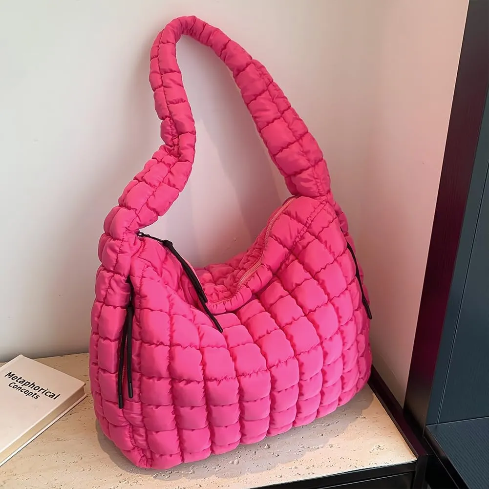 Quilted Puffer Tote Bag for Women Large Crossbody Shoulder Bag with Zipper Lightweight Travel Hobo Handbag