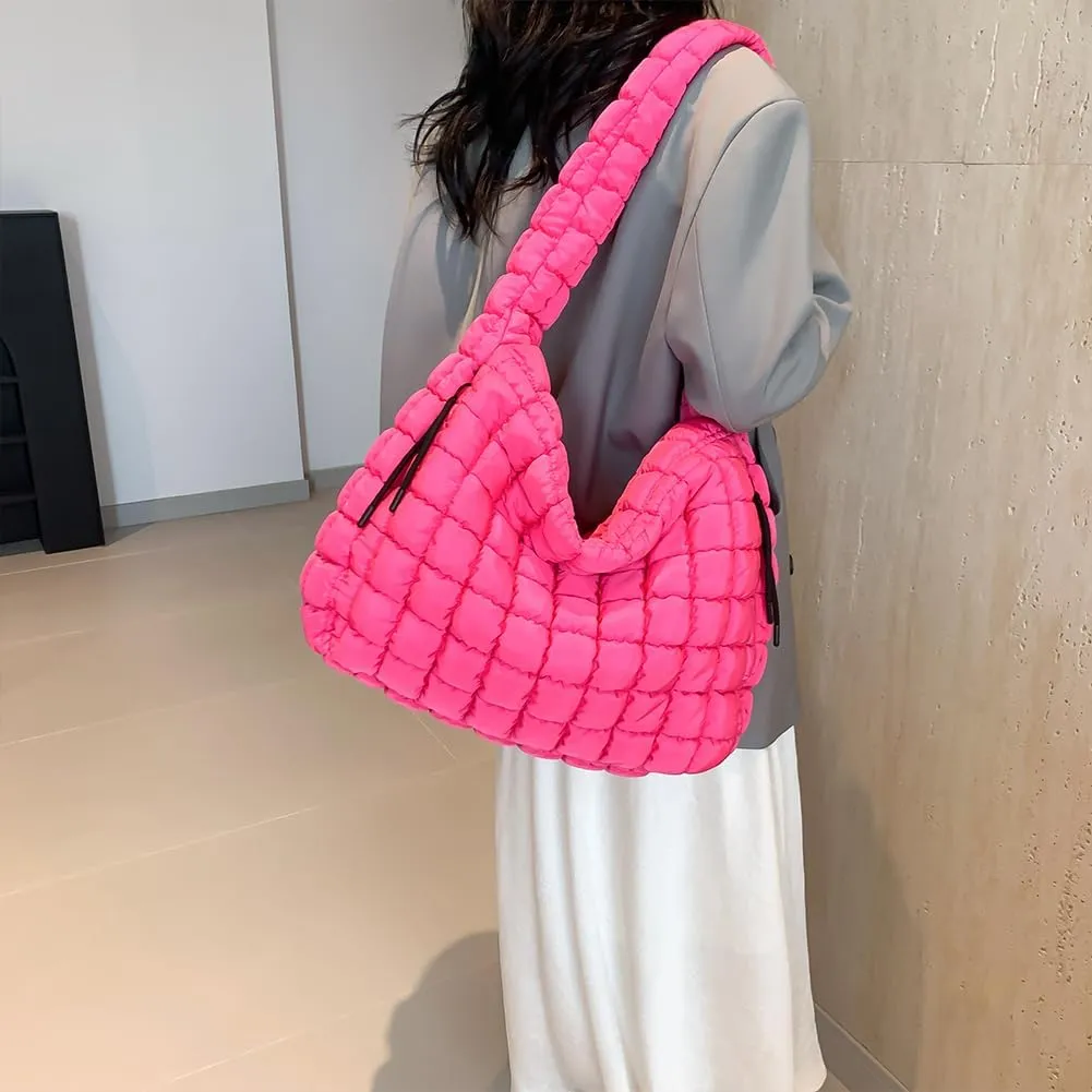 Quilted Puffer Tote Bag for Women Large Crossbody Shoulder Bag with Zipper Lightweight Travel Hobo Handbag