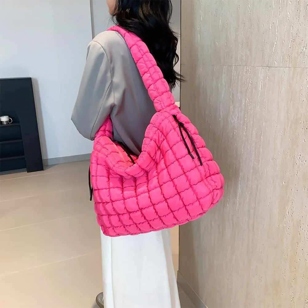 Quilted Puffer Tote Bag for Women Large Crossbody Shoulder Bag with Zipper Lightweight Travel Hobo Handbag