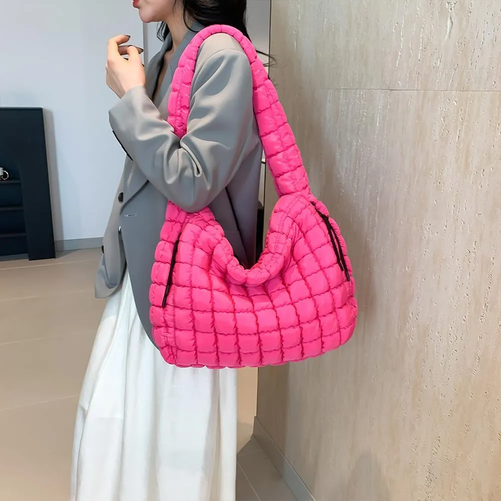 Quilted Puffer Tote Bag for Women Large Crossbody Shoulder Bag with Zipper Lightweight Travel Hobo Handbag