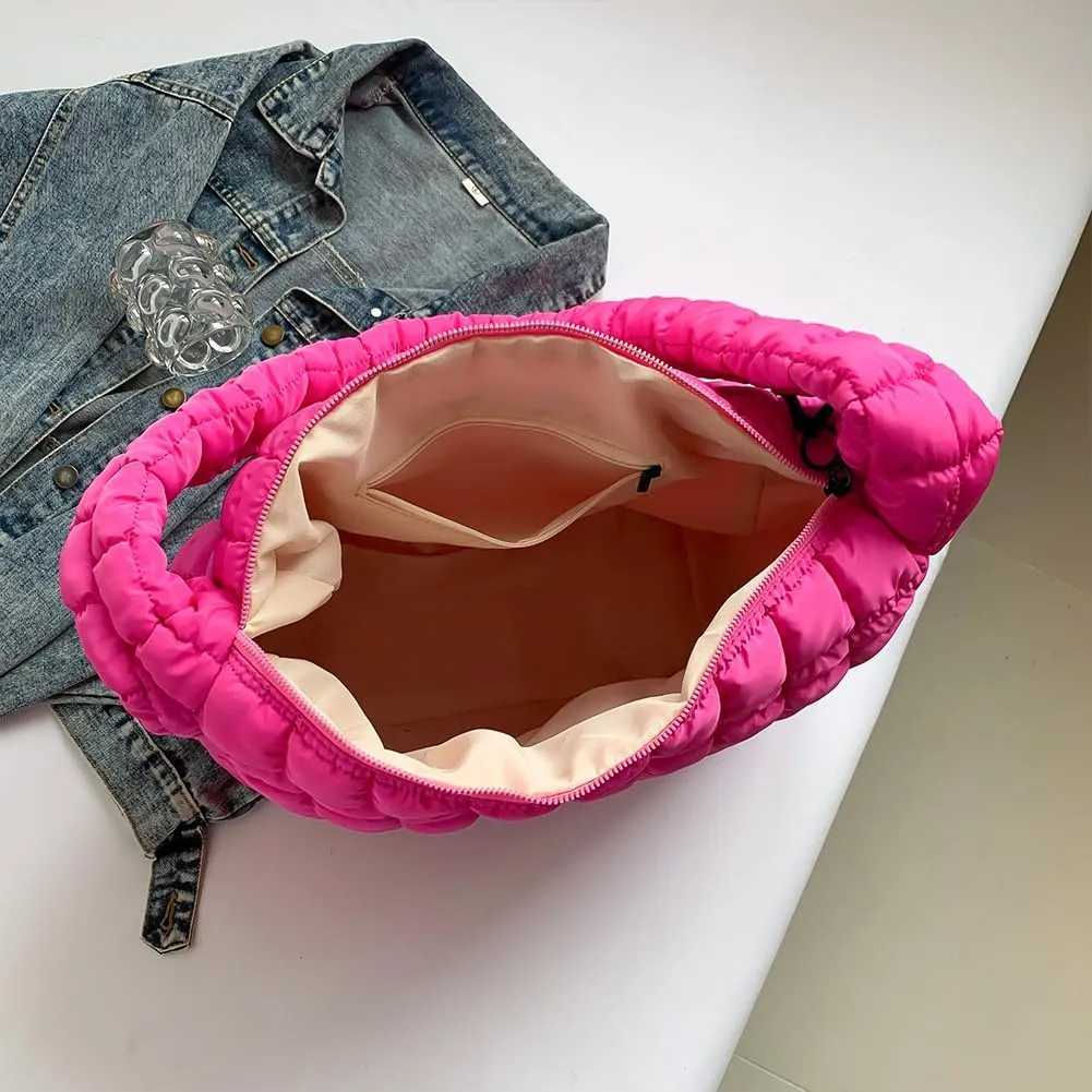 Quilted Puffer Tote Bag for Women Large Crossbody Shoulder Bag with Zipper Lightweight Travel Hobo Handbag