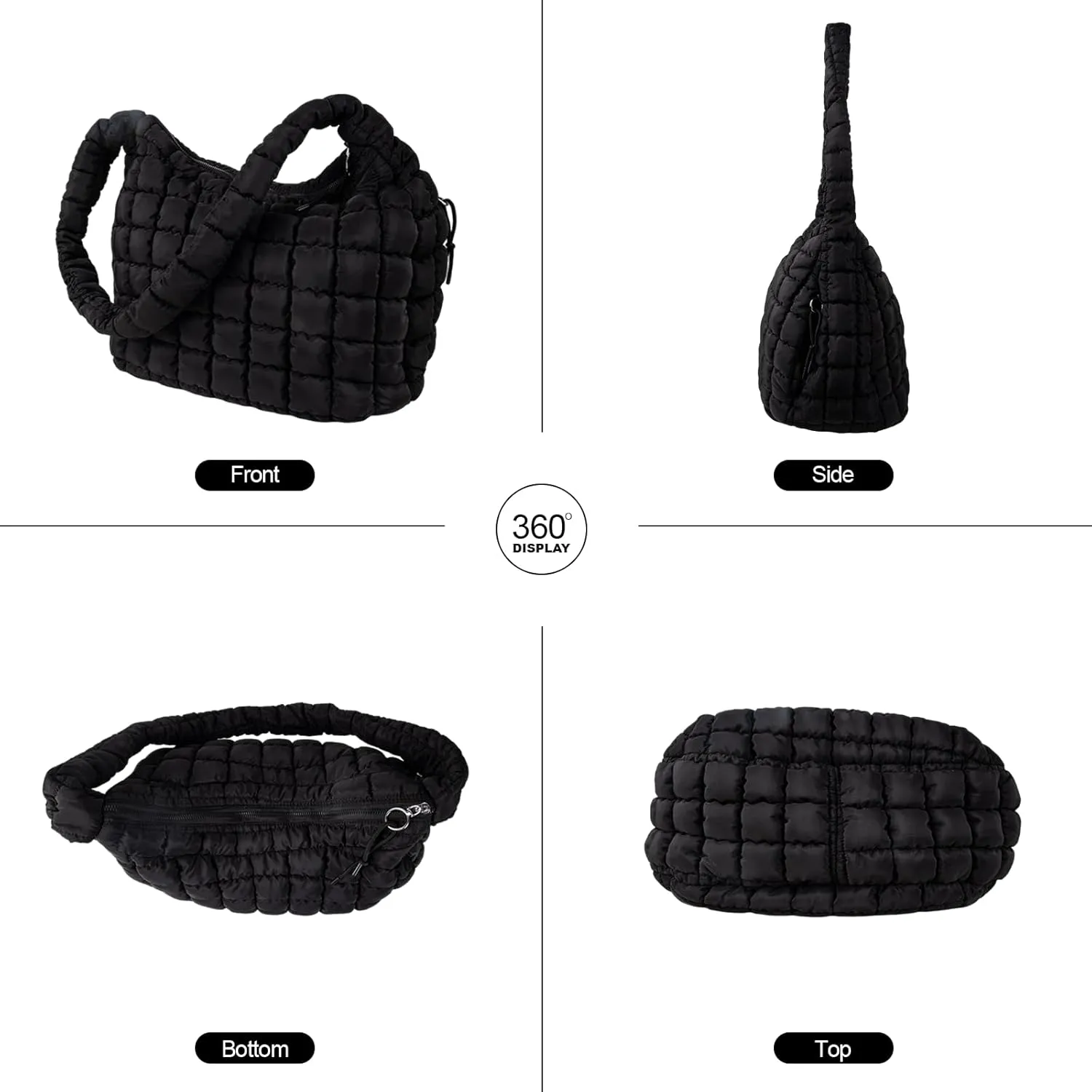 Quilted Puffer Tote Bag Large Crossbody Shoulder Bag with Zipper, Nylon Bubble Hobo Handbag Carryall Bag for Women