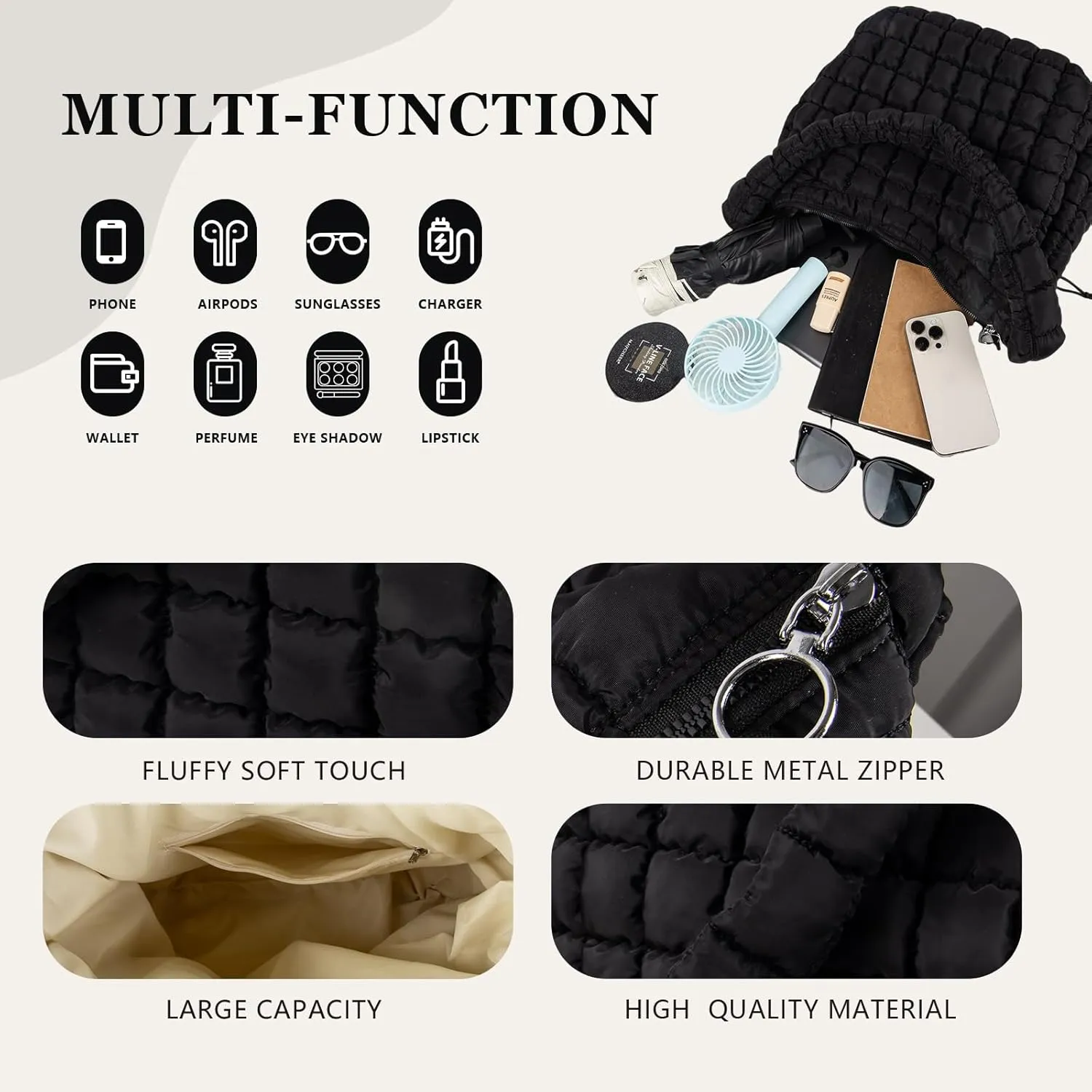 Quilted Puffer Tote Bag Large Crossbody Shoulder Bag with Zipper, Nylon Bubble Hobo Handbag Carryall Bag for Women