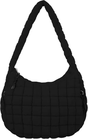 Quilted Puffer Tote Bag Large Crossbody Shoulder Bag with Zipper, Nylon Bubble Hobo Handbag Carryall Bag for Women