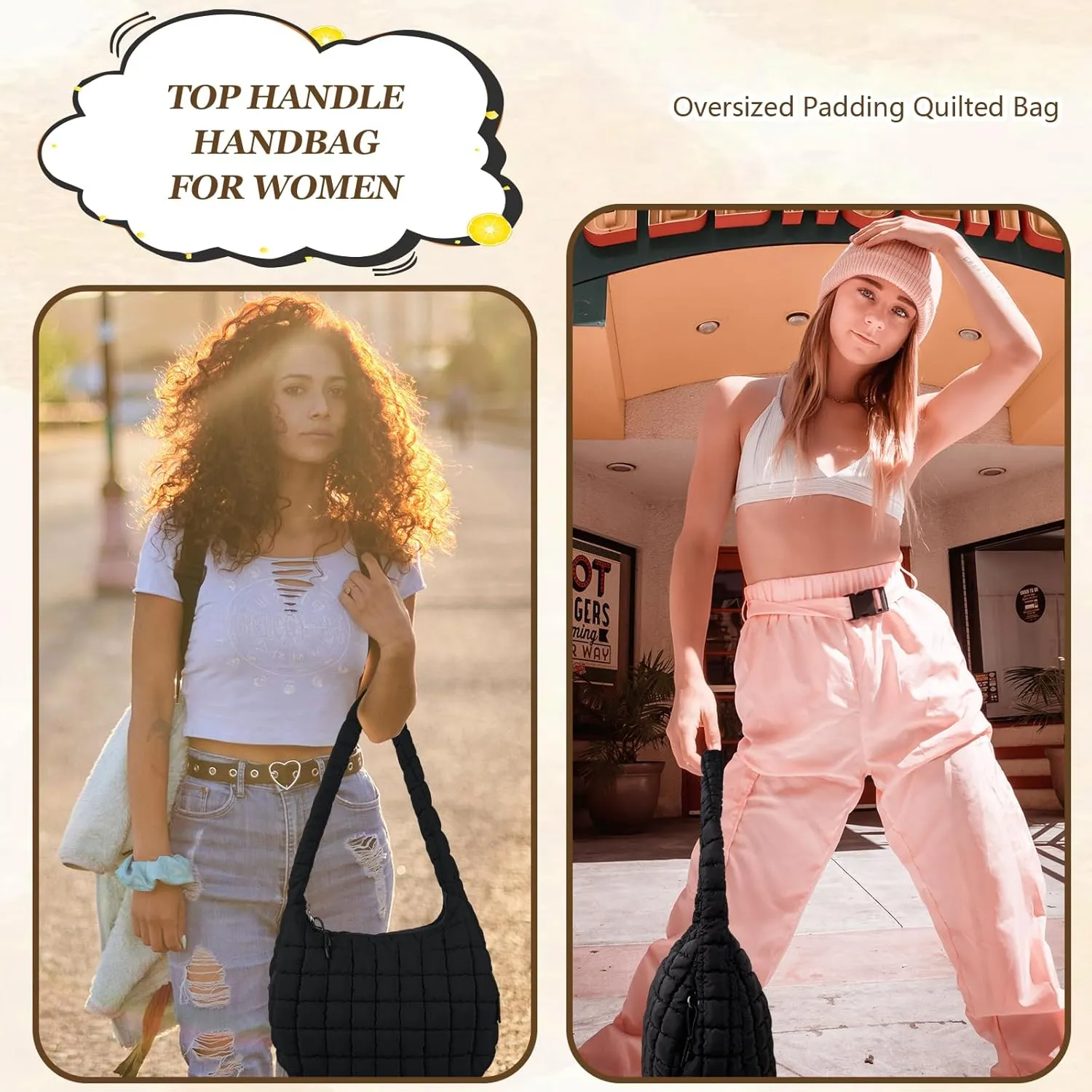 Quilted Puffer Tote Bag Large Crossbody Shoulder Bag with Zipper, Nylon Bubble Hobo Handbag Carryall Bag for Women