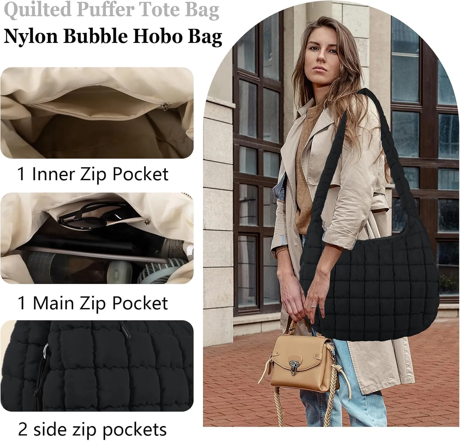 Quilted Puffer Tote Bag Large Crossbody Shoulder Bag with Zipper, Nylon Bubble Hobo Handbag Carryall Bag for Women
