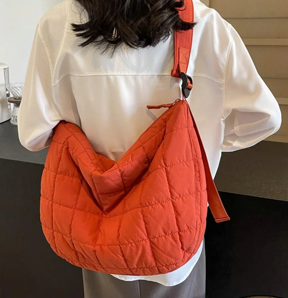 Quilted Shoulder Bags for Women Soft Nylon Tote Crossbody Purse Large Handbag Work Messenger Bag with Zipper