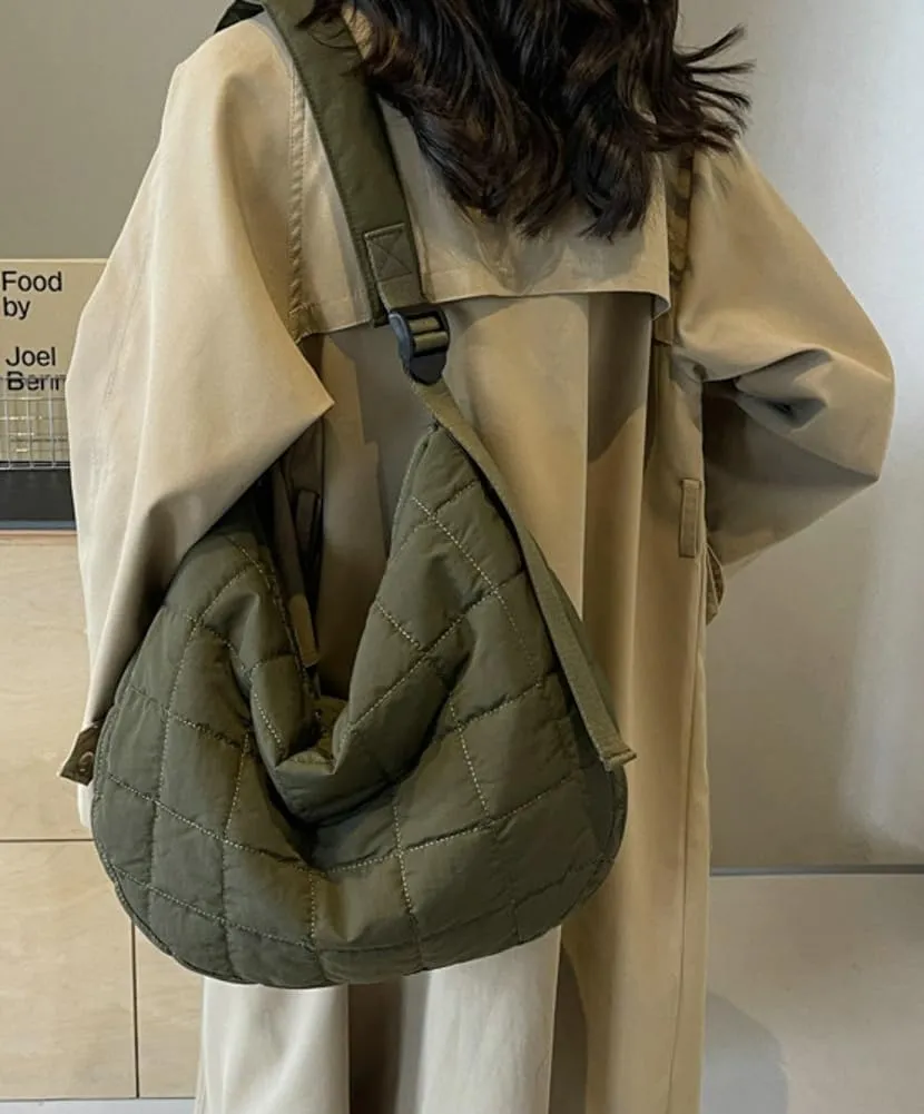Quilted Shoulder Bags for Women Soft Nylon Tote Crossbody Purse Large Handbag Work Messenger Bag with Zipper