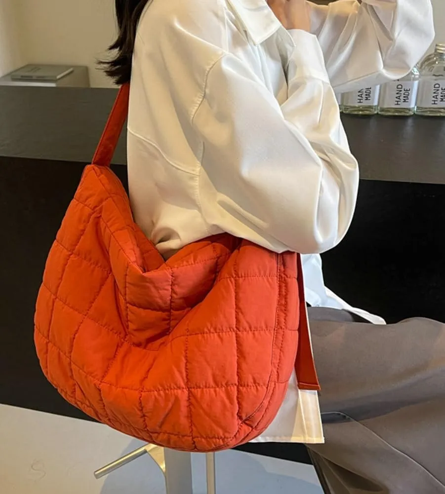 Quilted Shoulder Bags for Women Soft Nylon Tote Crossbody Purse Large Handbag Work Messenger Bag with Zipper