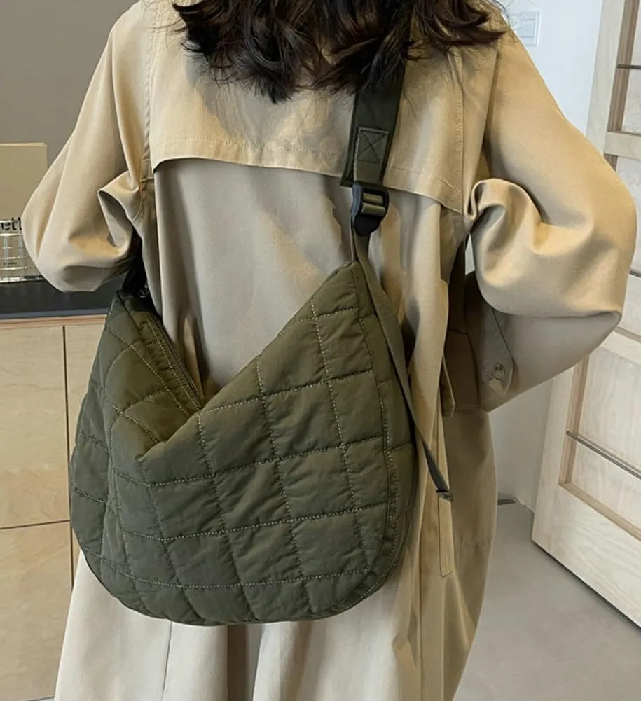 Quilted Shoulder Bags for Women Soft Nylon Tote Crossbody Purse Large Handbag Work Messenger Bag with Zipper
