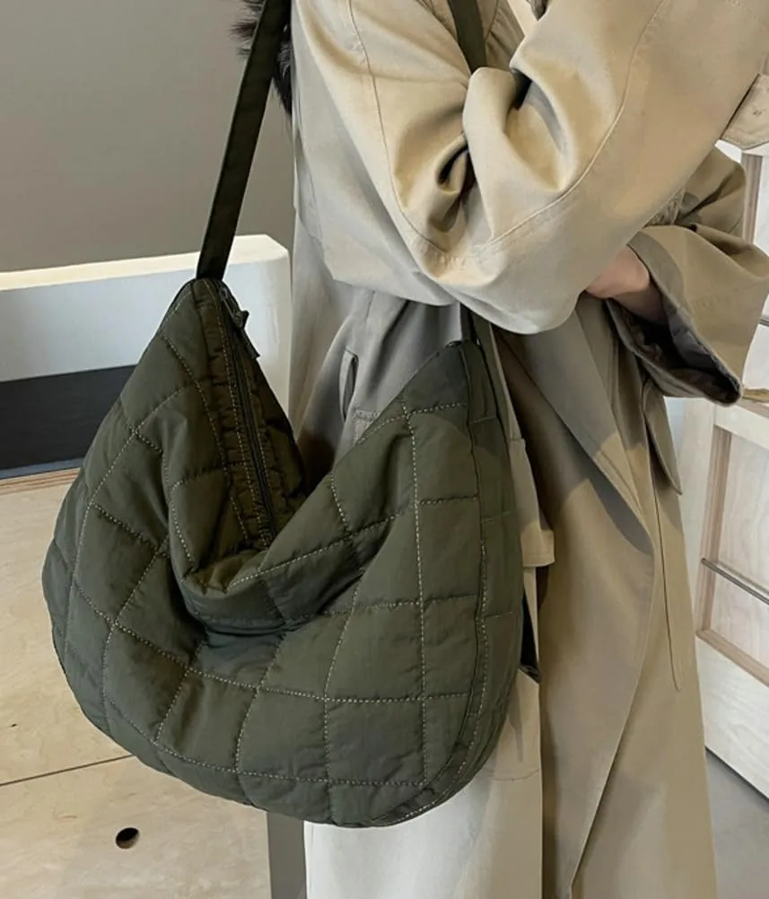 Quilted Shoulder Bags for Women Soft Nylon Tote Crossbody Purse Large Handbag Work Messenger Bag with Zipper