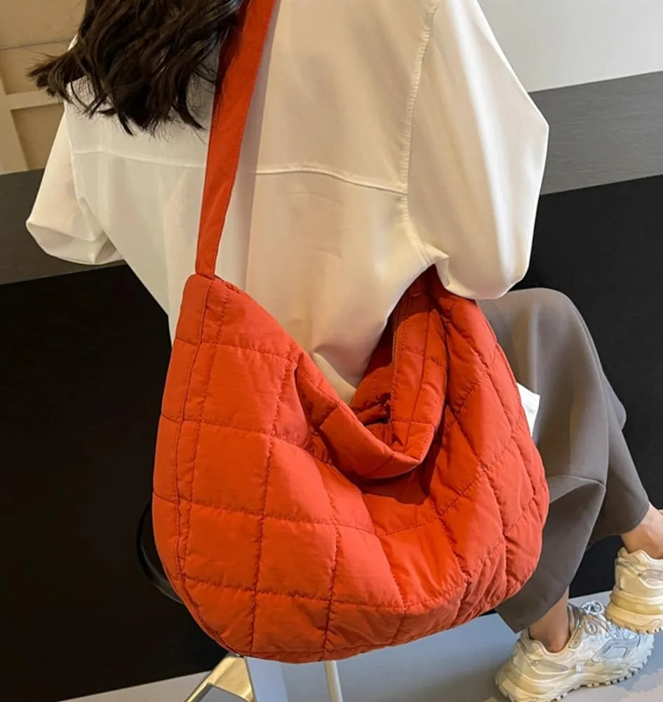 Quilted Shoulder Bags for Women Soft Nylon Tote Crossbody Purse Large Handbag Work Messenger Bag with Zipper