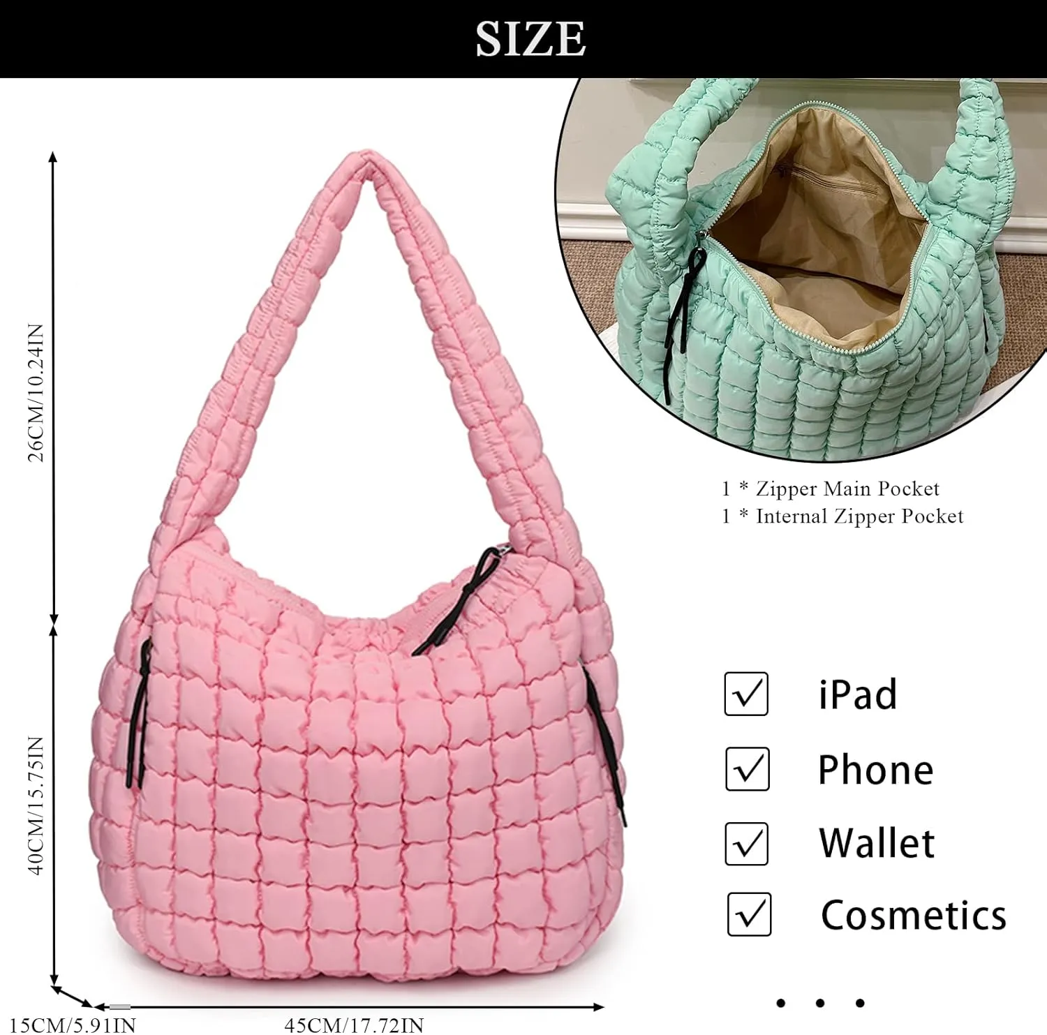 Quilted Tote Bag, Large Lightweight Quilted Bag Puffer Tote Bag Trendy Puffy Purse Hobo Bags for Women
