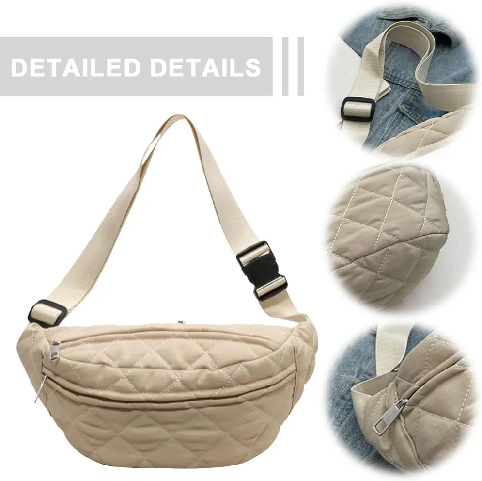 Quilted Waist Bag Fashion Chest Bag Adjustable Strap Trendy Fanny Pack Large Capacity Crossbody Sling Bag Zip Closure Outdoor Travel Bag (Beige)
