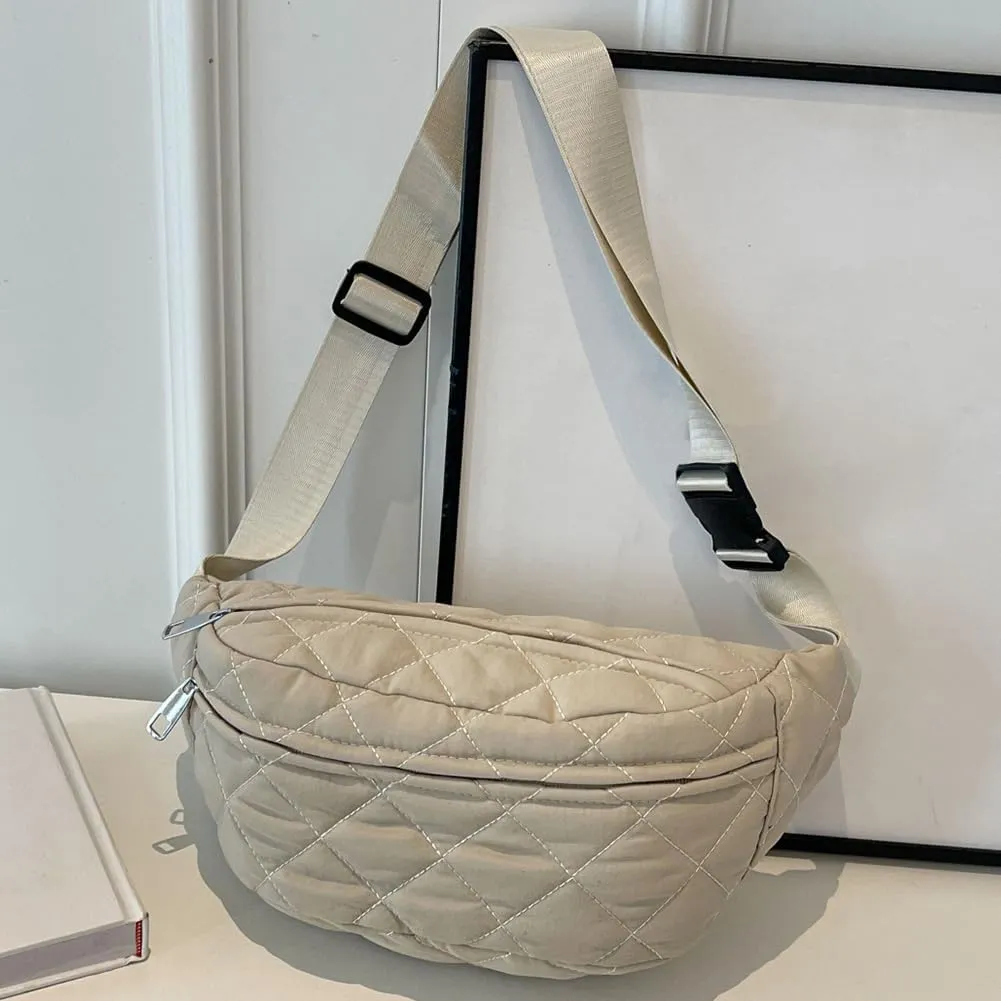 Quilted Waist Bag Fashion Chest Bag Adjustable Strap Trendy Fanny Pack Large Capacity Crossbody Sling Bag Zip Closure Outdoor Travel Bag (Beige)