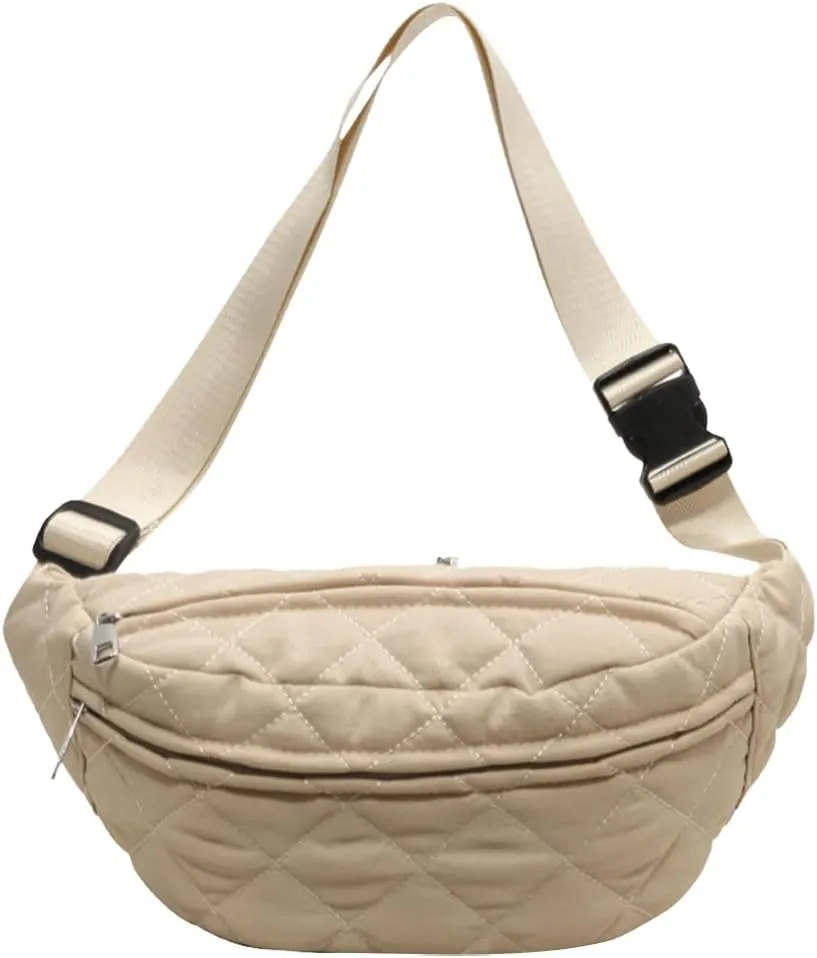 Quilted Waist Bag Fashion Chest Bag Adjustable Strap Trendy Fanny Pack Large Capacity Crossbody Sling Bag Zip Closure Outdoor Travel Bag (Beige)