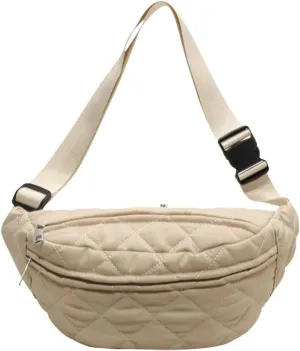 Quilted Waist Bag Fashion Chest Bag Adjustable Strap Trendy Fanny Pack Large Capacity Crossbody Sling Bag Zip Closure Outdoor Travel Bag (Beige)
