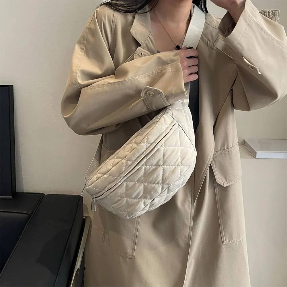 Quilted Waist Bag Fashion Chest Bag Adjustable Strap Trendy Fanny Pack Large Capacity Crossbody Sling Bag Zip Closure Outdoor Travel Bag (Beige)