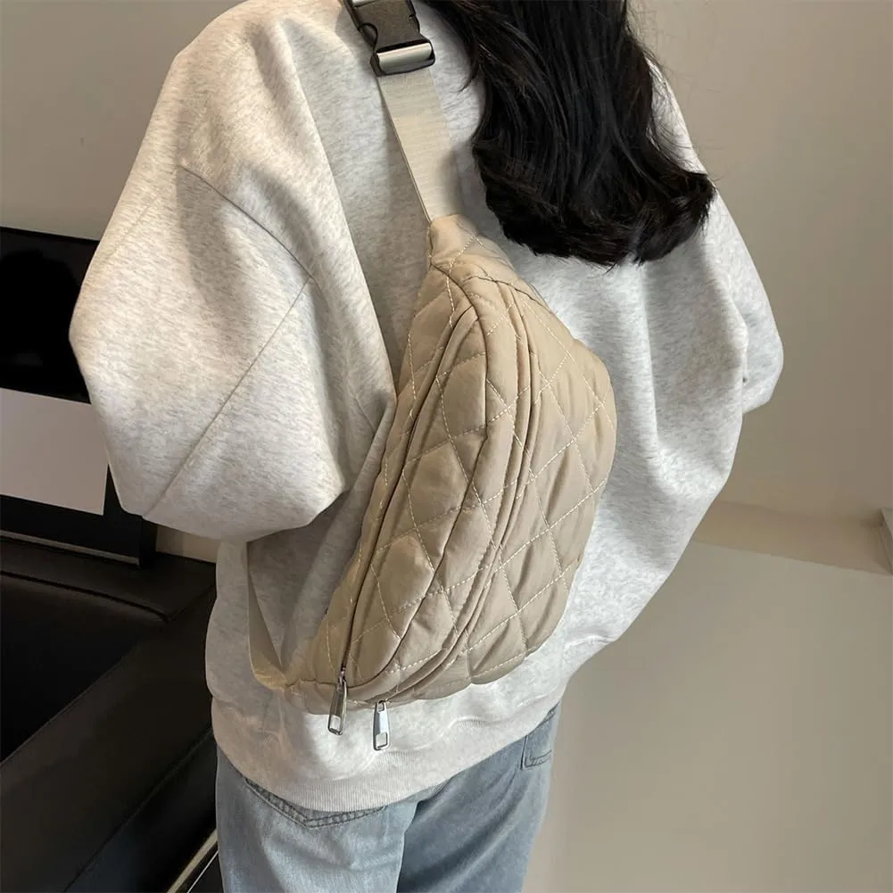 Quilted Waist Bag Fashion Chest Bag Adjustable Strap Trendy Fanny Pack Large Capacity Crossbody Sling Bag Zip Closure Outdoor Travel Bag (Beige)
