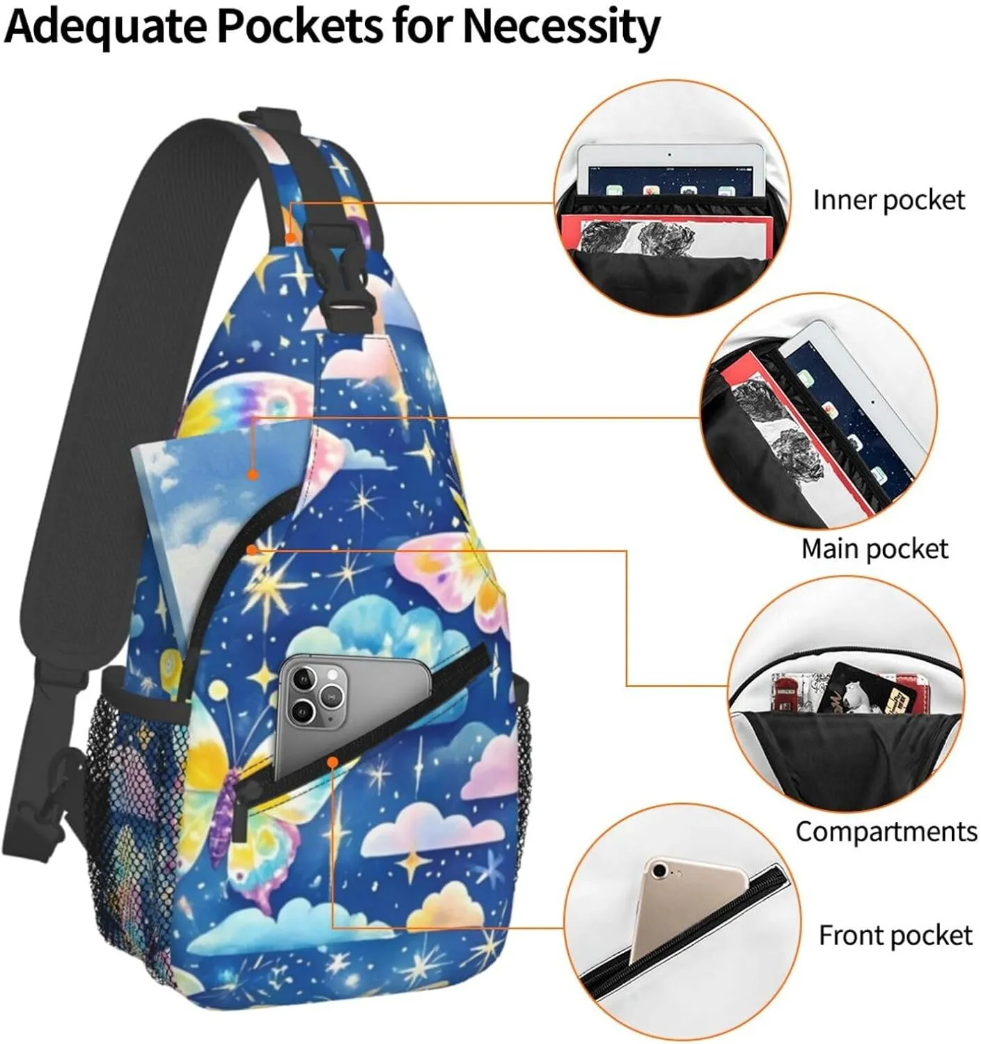 Rainbow Tie Dye Butterfly Swirl Crossbody Bags Cross Chest Bag Adjustable Sling Backpack for Women Men