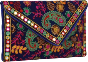 Rajasthani Designed Sling Bag, Foldover Clutch, Hand Bag, Shoulder Bag & Cross Body Bag for Women & Girls (Blue Multi Color)