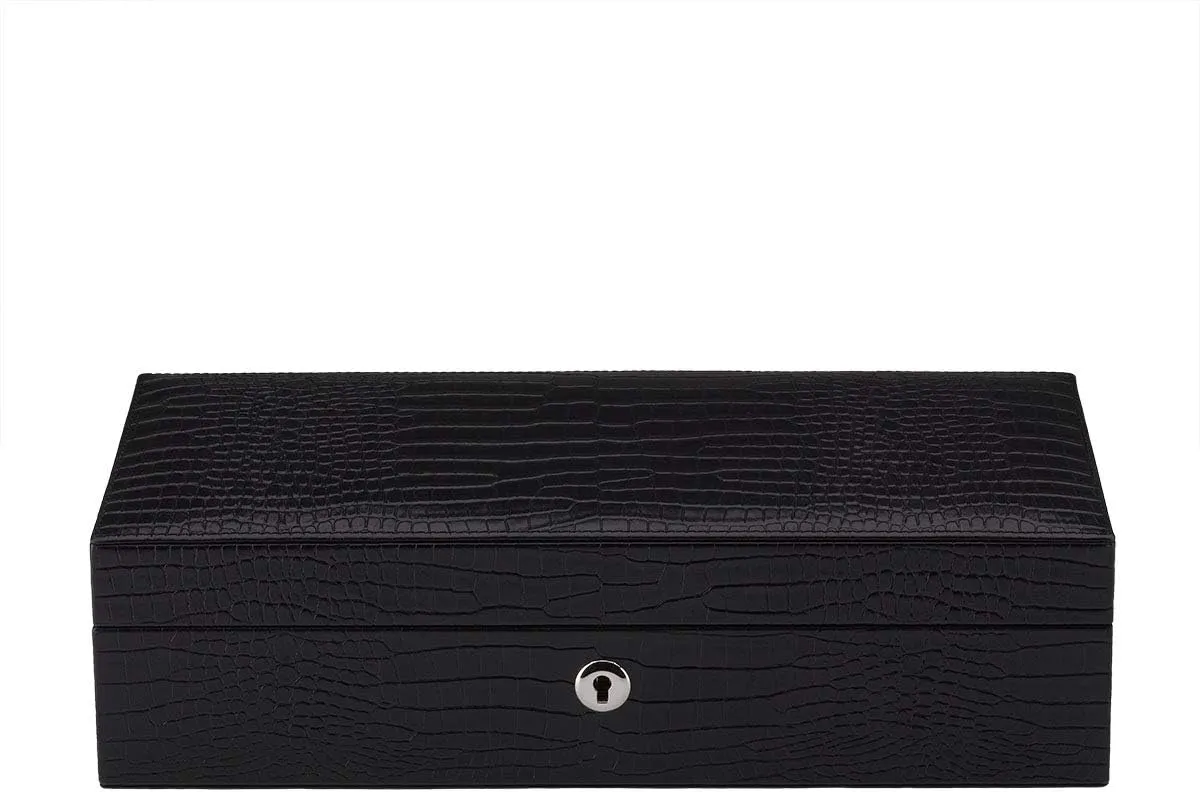 Rapport, Brompton Luxury 5 Watch Collector Case - Hand Crafted in Solid Wood and Black Leather Crocodile Pattern