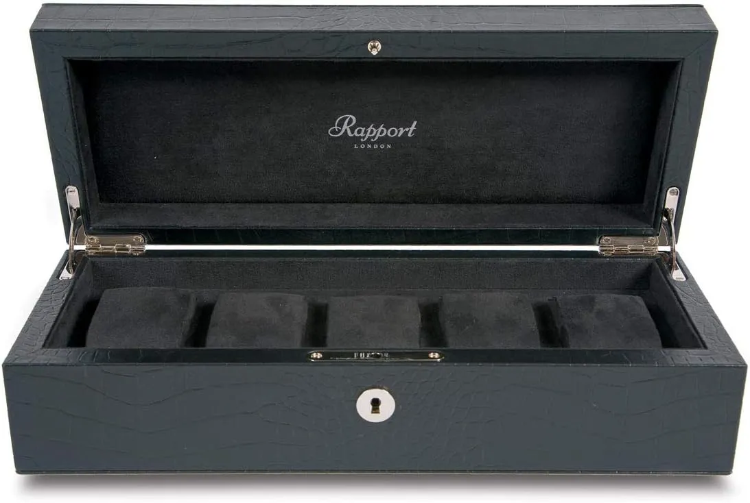 Rapport, Brompton Luxury 5 Watch Collector Case - Hand Crafted in Solid Wood and Black Leather Crocodile Pattern