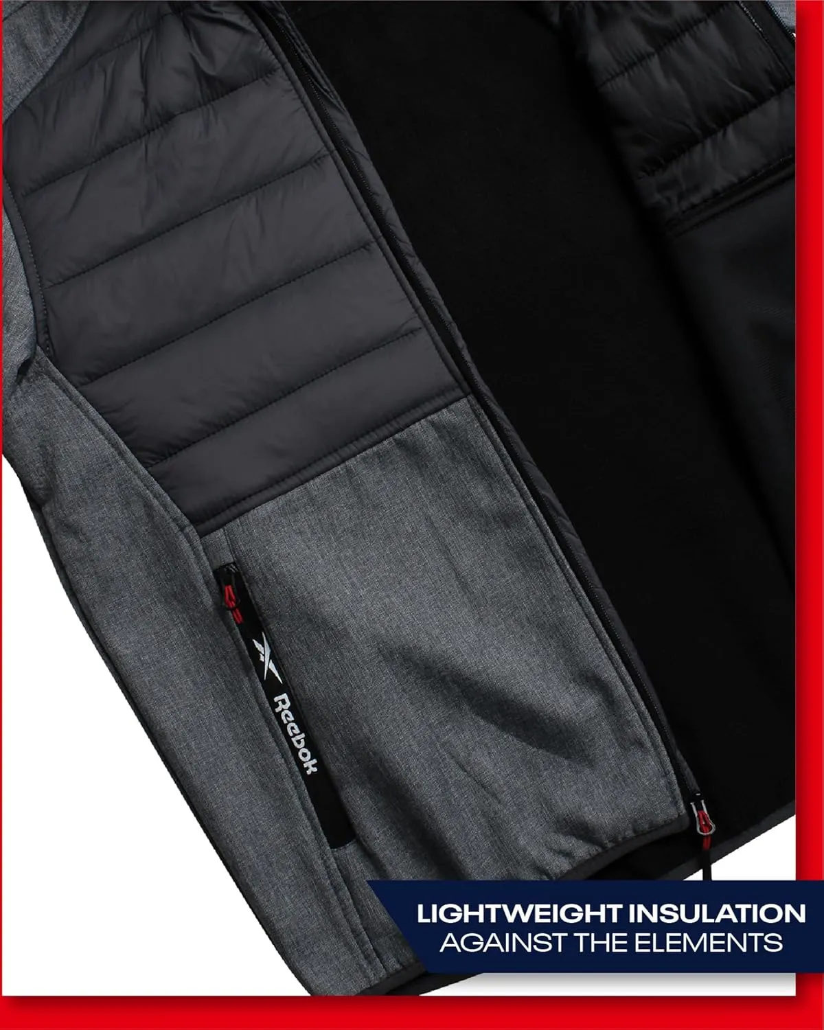 Reebok Men's Softshell Jacket - Lightweight Hooded Weather Resistant Jacket for Men with Nylon Quilted Chest (S-XXL)